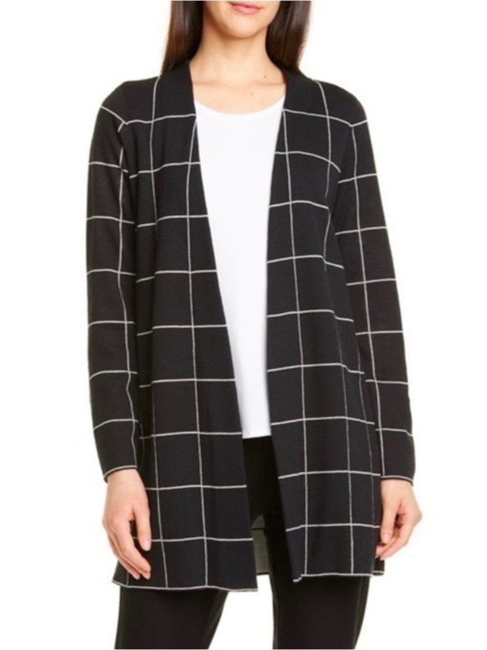 Eileen Fisher Windowpane 100% Wool Cardigan Sweater